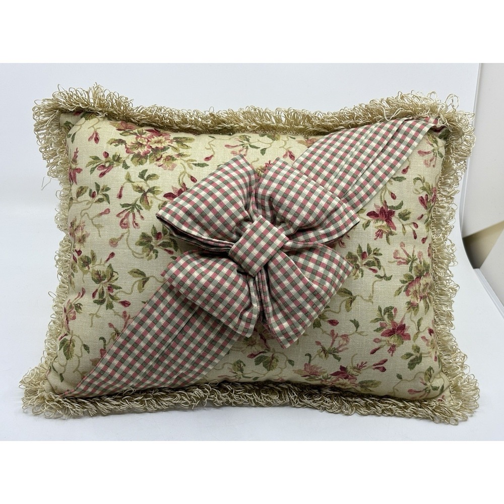 Vintage Floral French Style Pillow‎ With Plaid Bow Pink 15"x 12"